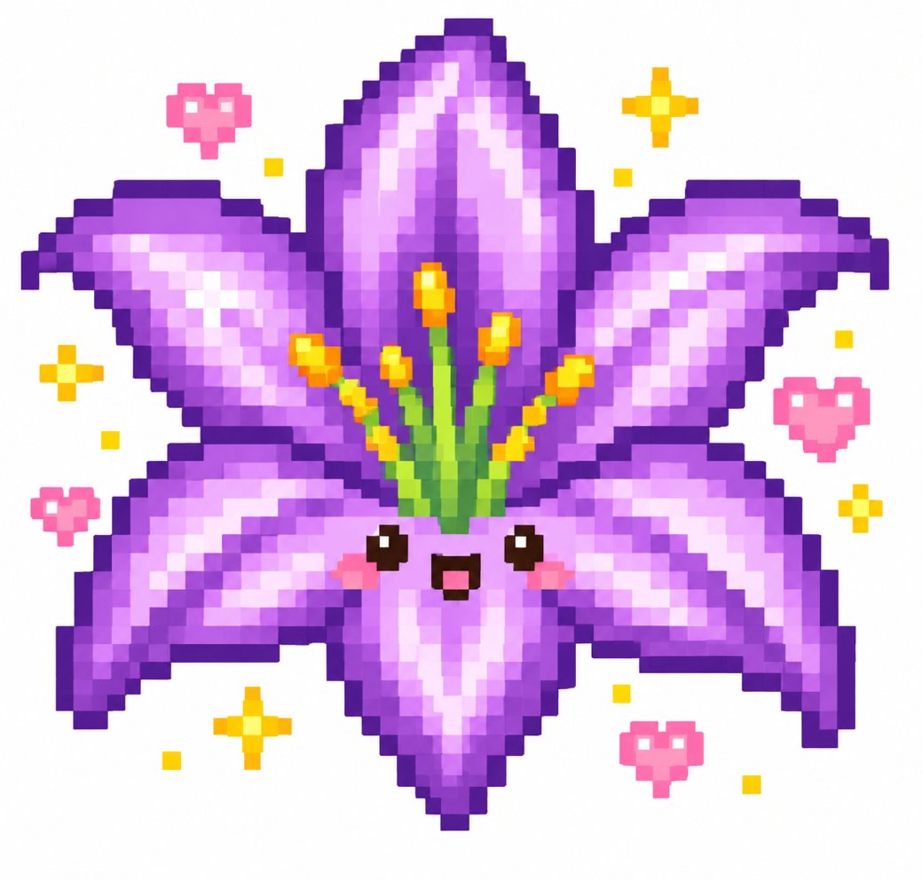 Pixel art purple flower with green stems and sparkling yellow and pink accents.