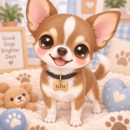 Kawaii brown Chihuahua standing among paw prints and plush toys, soft pastel colors.