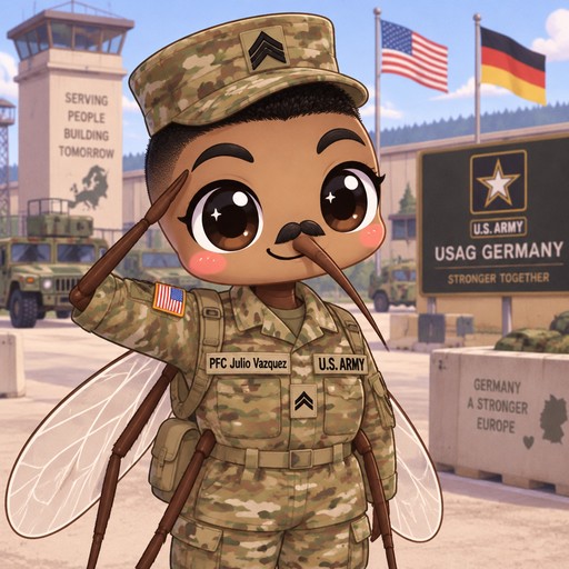 Puerto Rican mosquito with black buzz cut hair, matching army hat, small black mustache, black eye brows in u.s. military uniform at u.s. military base in Germany with name tag that says PFC Julio Vazquez