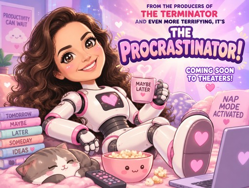Kawaii pink promotional poster with a person, sleepy cat, and heart-themed gadgets.