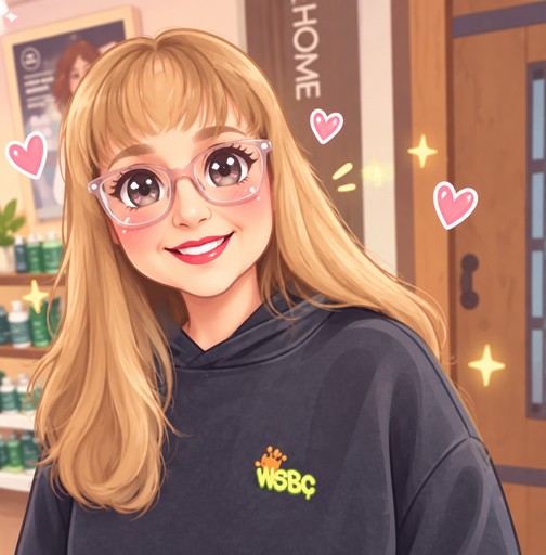 Kawaii illustration of a person with long blonde hair wearing a dark hoodie in a cozy room.