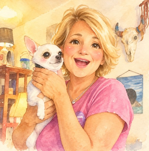Watercolor illustration of a person holding a small dog in a cozy room.