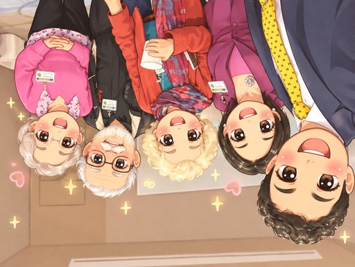 Upside-down kawaii illustration of four people in colorful outfits against a sparkly background