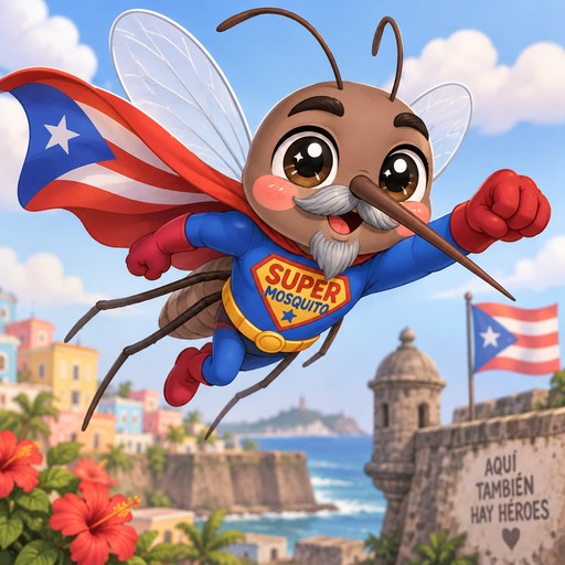 Puerto Rican Male mosquito with gray mustache and goatee, long pointed proboscus, dressed as superhero named Super Mosquito flying like Superman
