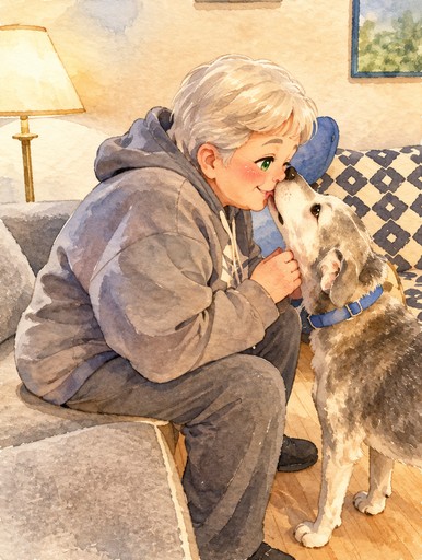 Watercolor illustration of a person cuddling a dog on a sofa.