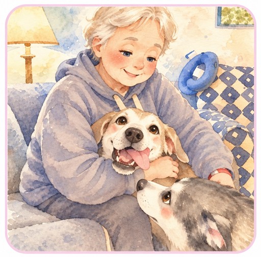 Watercolor-style illustration of a person cuddling two dogs in a cozy room