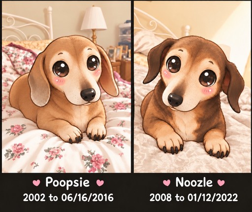 Two kawaii dachshunds resting on floral beds, shown in warm-toned illustrations.