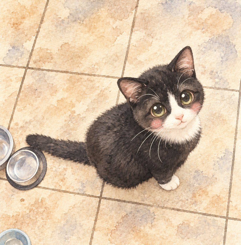 Kawaii black and white cat sitting beside metal bowls on a tiled floor.