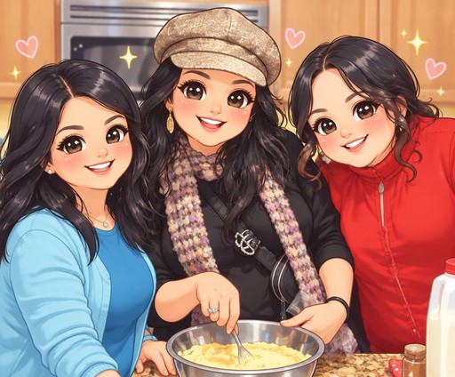 Three people in kawaii style cooking together in a warm kitchen.