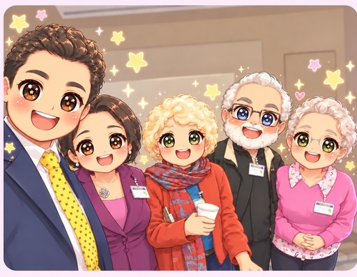 Kawaii illustration of smiling people posing together in colorful formal clothing against a starry background.