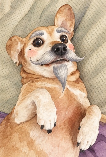 Kawaii watercolor illustration of a tan dog sitting on a purple cushion.