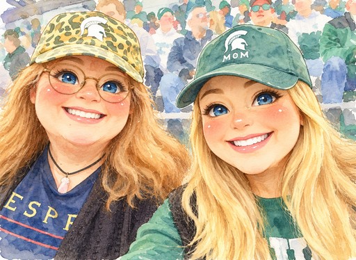 Two people wearing caps and glasses in colorful kawaii cartoon style, smiling together.