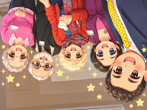 Upside-down kawaii illustration of five colorful characters surrounded by yellow stars
