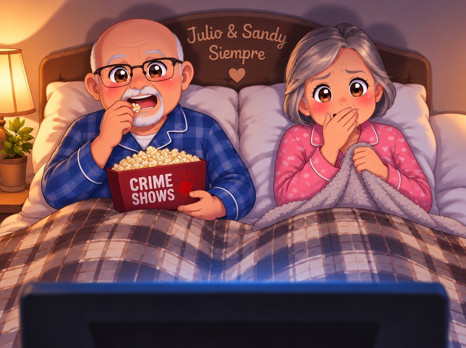 Kawaii-style illustration of two people watching crime shows in bed with popcorn