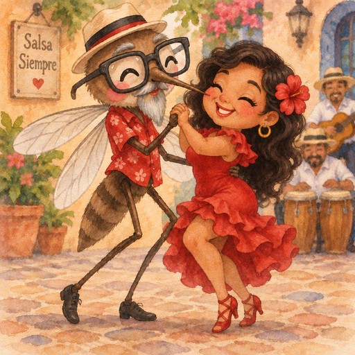 Kawaii watercolor-style couple dancing salsa in colorful clothing beside musicians and potted flowers