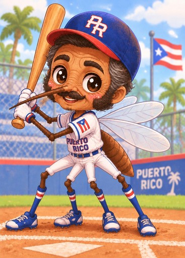 Kawaii cartoon baseball player with butterfly wings swinging a bat on a tropical field