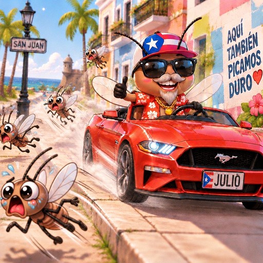 Kawaii illustration of a person driving a red convertible through a colorful coastal town with cartoon flies.
