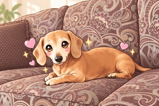 Kawaii dog resting on a patterned couch with floating hearts and stars