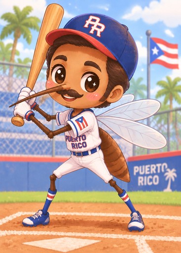 Kawaii baseball player swinging a bat on a field with Puerto Rico flags