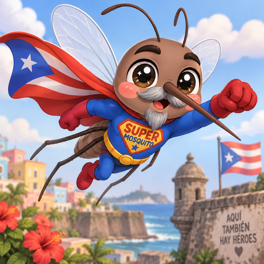 Puerto Rican Male mosquito with gray mustache and goatee, long pointed proboscus, dressed as superhero named Super Mosquito flying like Superman