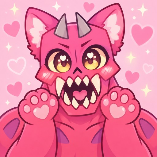 Pink kawaii cartoon monster with heart-shaped paw pads and a playful expression, surrounded by hearts.