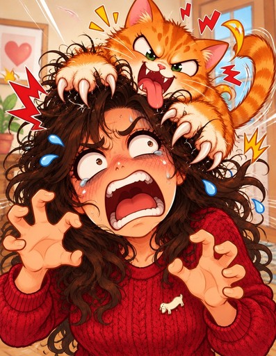 Kawaii anime-style person startled by an orange cat, with bold red and yellow accents.