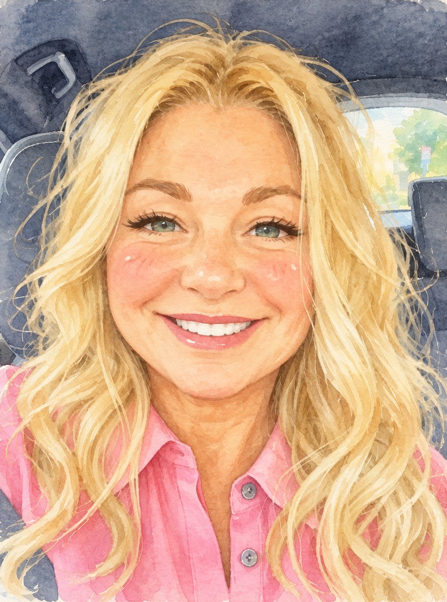 Kawaii-style portrait of a smiling person with long blonde hair in a pink shirt inside a car.