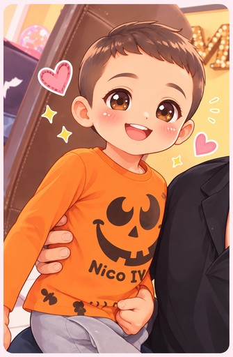 Kawaii illustration of a smiling person in an orange pumpkin shirt, surrounded by hearts and stars.