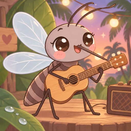 Kawaii butterfly playing guitar in a colorful sunset forest scene