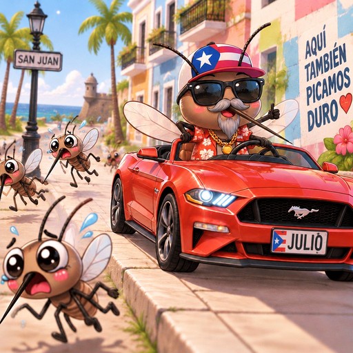 Kawaii ants and a sunglass-wearing dog ride a red convertible in San Juan.