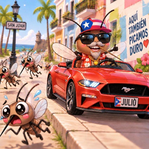 Kawaii cartoon person driving a red convertible past palm-lined streets with playful ants