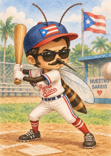 Kawaii watercolor illustration of a baseball player swinging a bat in a sunny field.