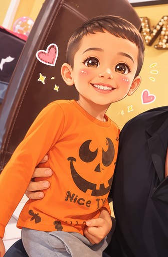 Kawaii illustration of a person in an orange Halloween shirt with heart decorations