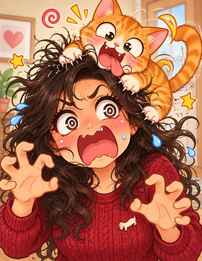 Kawaii illustration of a person startled by a playful orange cat on their head.