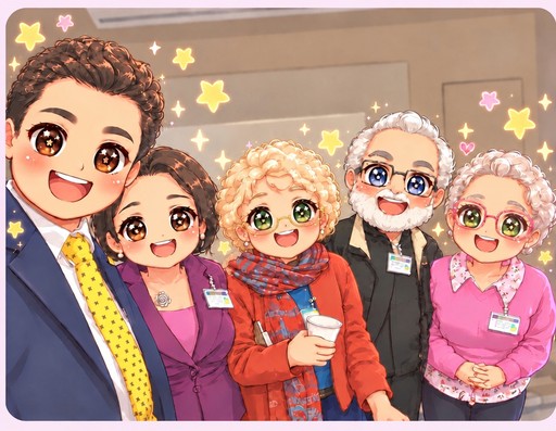 Kawaii illustration of five smiling people in colorful outfits with star decorations