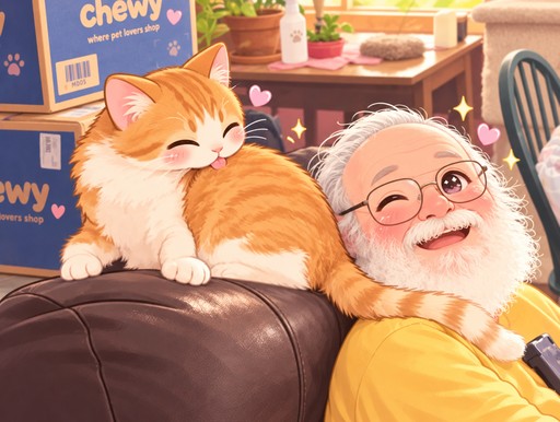 Kawaii illustration of an orange cat resting beside a smiling person in a cozy room.
