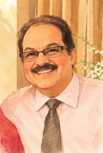 Kawaii watercolor portrait of a person wearing glasses and a tie indoors