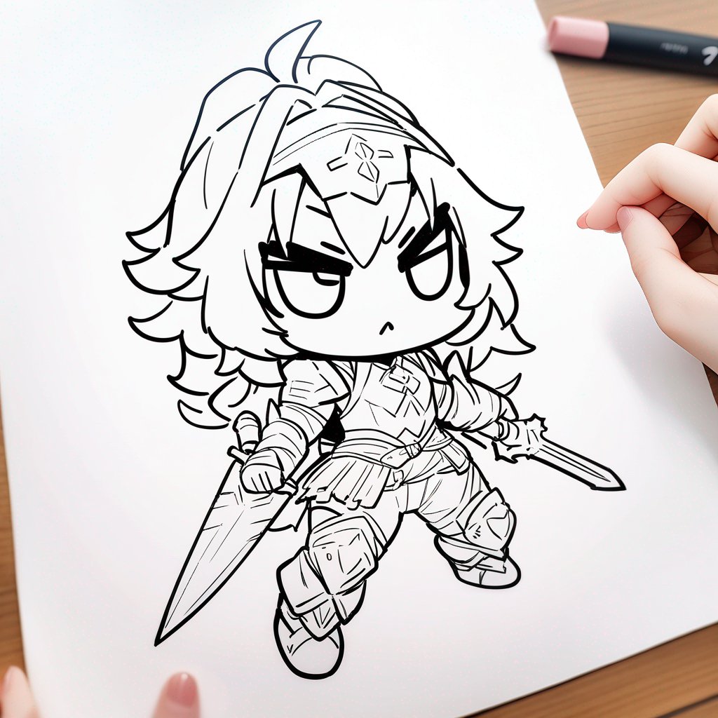 chibi warrior, coloring page