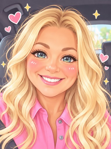 Kawaii illustration of a smiling person with long blonde hair, pink shirt, and sparkles