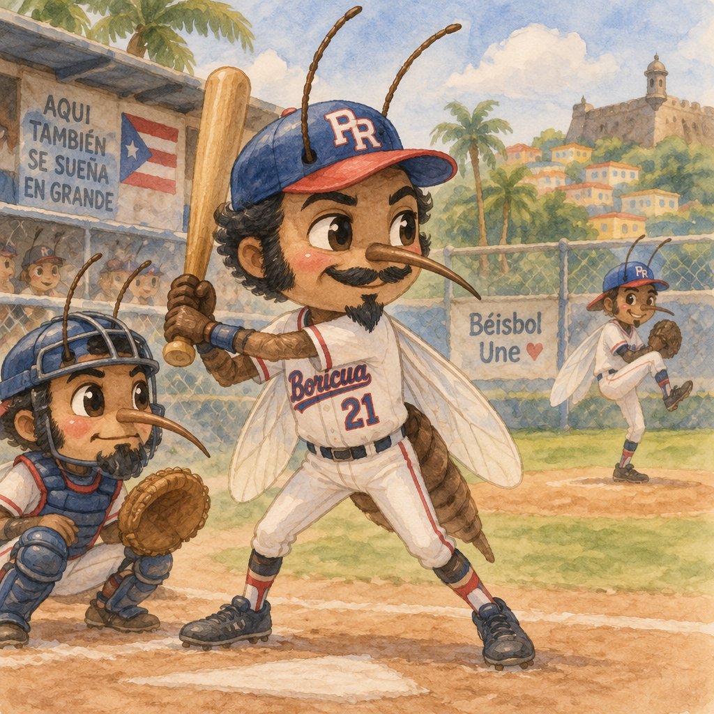 Puerto Rican adult male mosquitos with 2 antenna sticking out of baseball hat, black hair and prominent side burns, playing baseball in local ball park. Add black mustache and goatee to mosquito holding baseball bat.