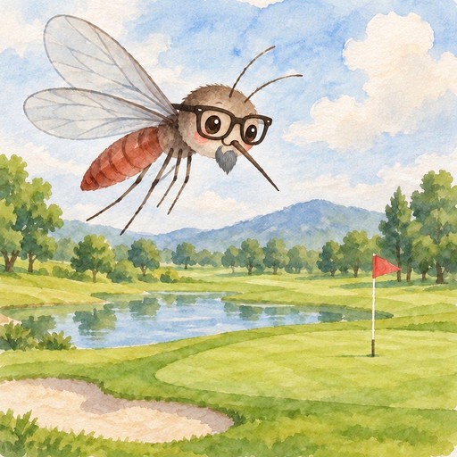 Kawaii cartoon mosquito wearing glasses flies over a golf course with a flag.
