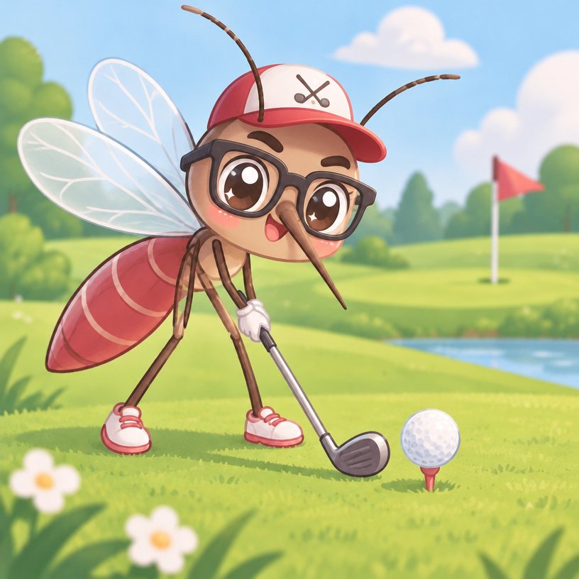Kawaii cartoon insect golfer swinging a club on a sunny green course