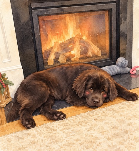 A fluffy dark dog rests before a glowing fireplace in a cozy room.