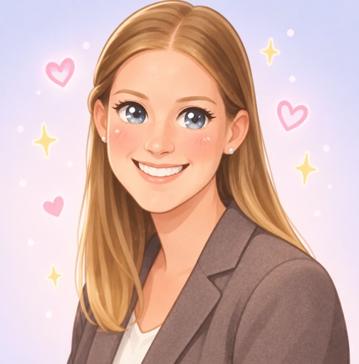 Kawaii portrait of a smiling person with long brown hair against a pastel background.