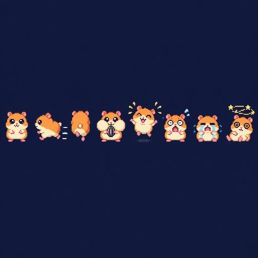 Pixel art character sheet of a tiny chubby hamster hero for a cute arcade game,
16x16 pixel sprite scaled up 8x with crisp hard pixel edges, no anti-aliasing,
limited 16-color palette. Round orange-cream hamster with big cheek pouches,
huge shiny black eyes, tiny pink ears. Show 8 poses in a row on a plain dark navy
background: idle, running left, running up, cheeks stuffed with seeds, happy jump,
scared, crying, dizzy/trolled. Kawaii, expressive, readable at tiny size,
style of Celeste and Downwell sprites.