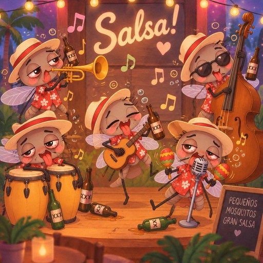 Kawaii cartoon band plays salsa with instruments in warm orange tones.
