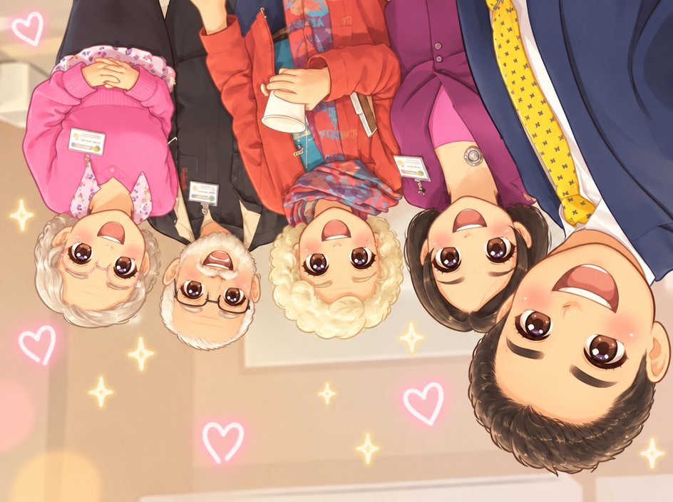 Upside-down kawaii illustration of people in colorful outfits with pink hearts and sparkles