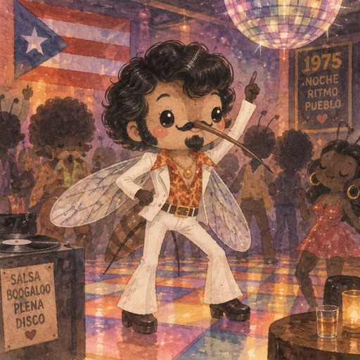 Create image of Puerto Rican mosquito with black hair, a black goatee, and small black mustache, black side burns and disco dancing at a club in 1975