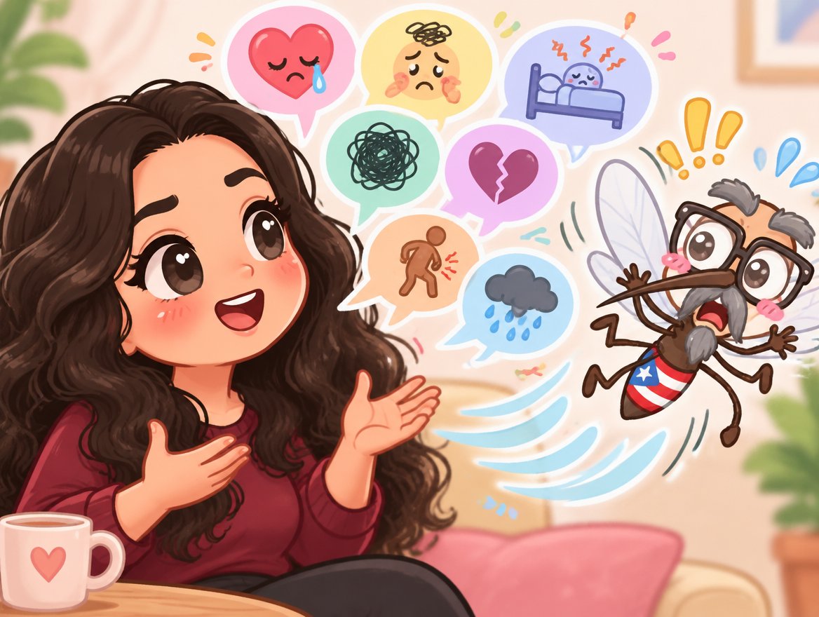 Kawaii illustration of a person chatting with a flying cartoon insect amid colorful bubbles.