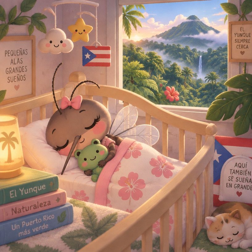 Kawaii illustration of sleeping animals in a flower-filled crib by a jungle window.